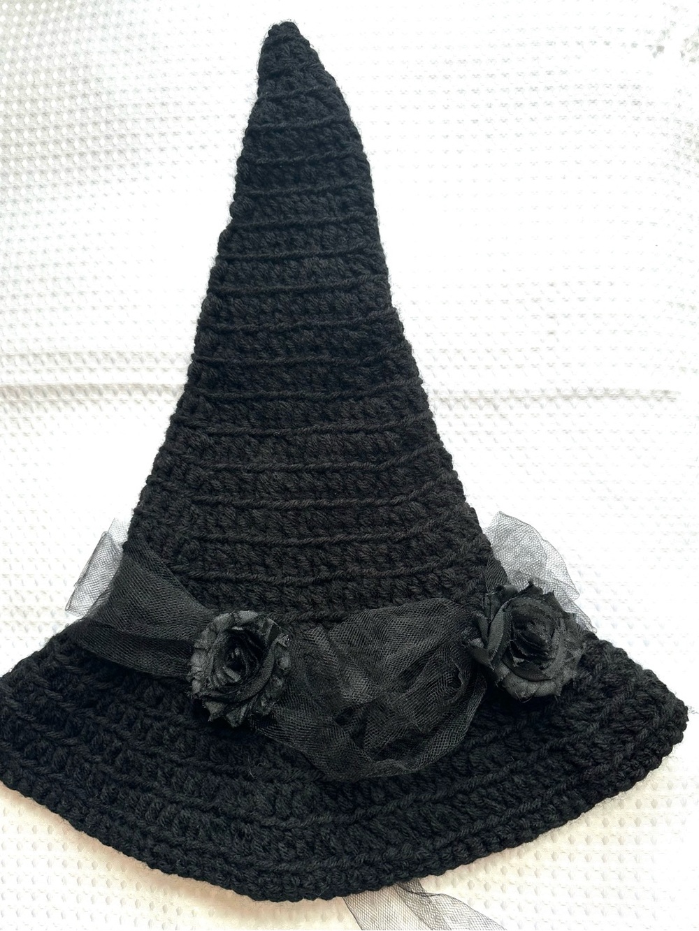 Artisan Made Crochet Black Pointed Witch Hat with Tulle/ Floral Accent - Picture 3 of 7